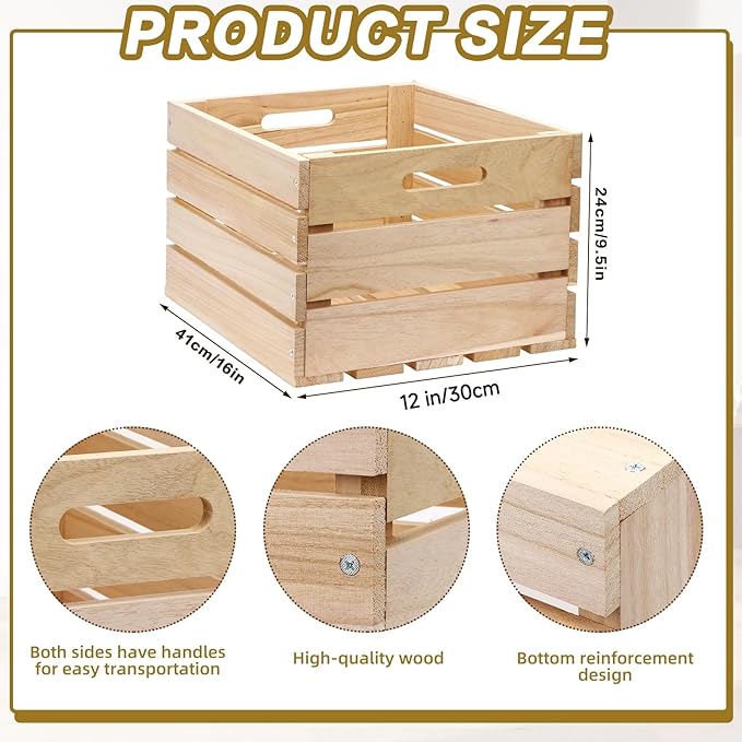 3 PCS Extra Large Wood Crates Box for Storage 16 x 12 x 9.5 Inches Unassembled Natural Wooden Crates with Handle Decorative Nesting Container for Display Rustic DIY Home Laundry (Wood Color)