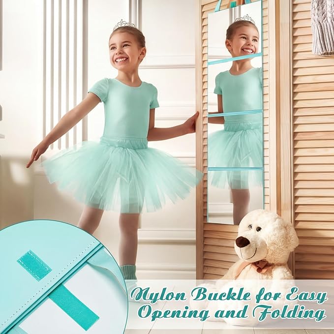 3 Way Foldable Full Length Mirror with Handle 31.89 x 11.22 Inches Leather Portable Camping Travel Hanging Folding Body Mirror for Makeup Dance Fitness Spa Hair Styling(Mint Green,Classic)