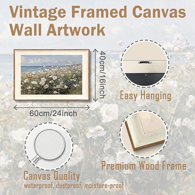 ASTRDECOR Framed Canvas Wall Art Room Decor, Vintage Landscape Wall Art for Home Decor Aesthetic Artwork, Coastal Scenery Nature White Wildflowers Oil Painting Pictures Bathroom Wall Decor 16''x24''
