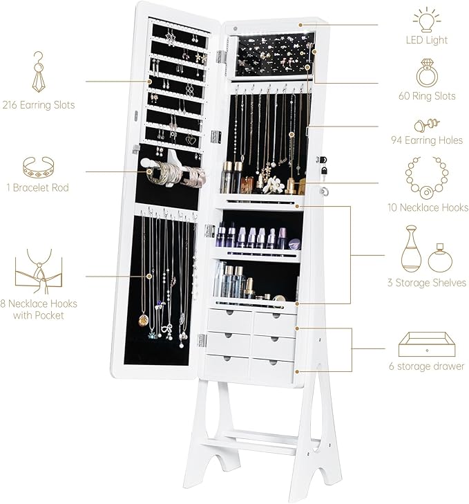 Mirror Jewelry Cabinet Standing, Full Length Mirror Jewelry Armoire Jewelry Organizer Lockable Jewelry Storage for Women Girl Full-Length Frameless LED Lights 6 Drawers Lockable White