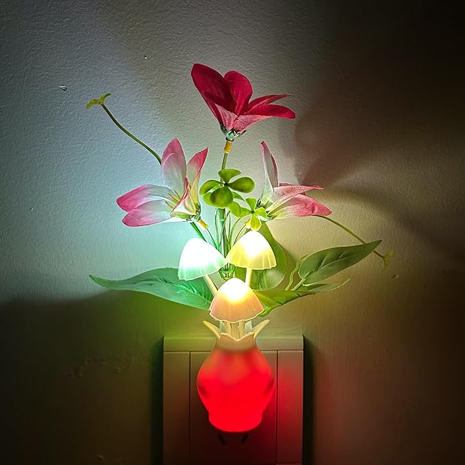 Plug-in Night Light with Auto Light Sensor, RGB LED Mushroom Night Light Wall Based Flower Lamp 1W Energy Efficient Nursery Nightlight for Kids Room, Bedroom, Nursery, Lounge, Hallway and Stairs
