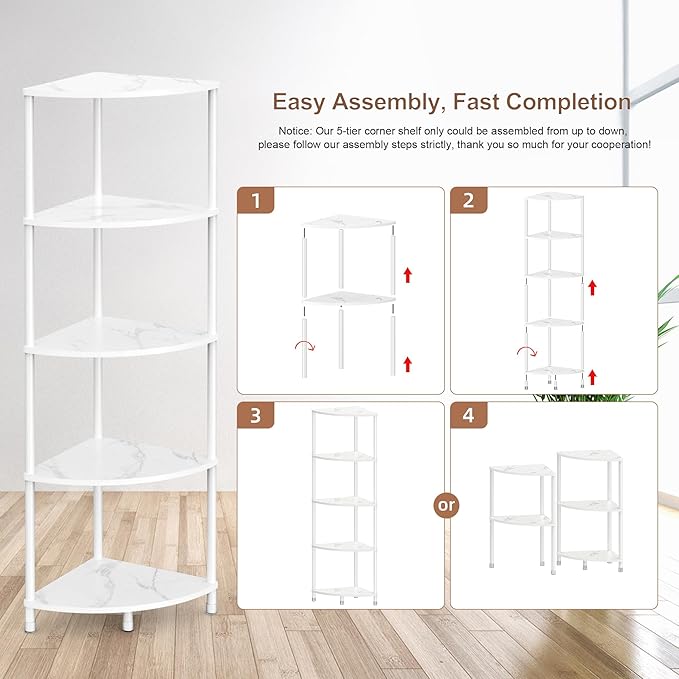 5 Tier Corner Shelf Stand, 44.1" Kitchen Shelf Organizer with Metal Frame, Small Corner Shelf for Bathroom Organization & Storage, Marble White Corner Shelf for Kitchen Decor Accessories
