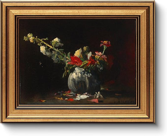 HUARCEY Gold Framed Vintage Wall Art for Living Room, Flowers Painting Prints Shelf Decor for Kitchen, Aesthetic Bedroom Wall Art, Autumn Gifts for Friends or Family - Fading 10L x 8W