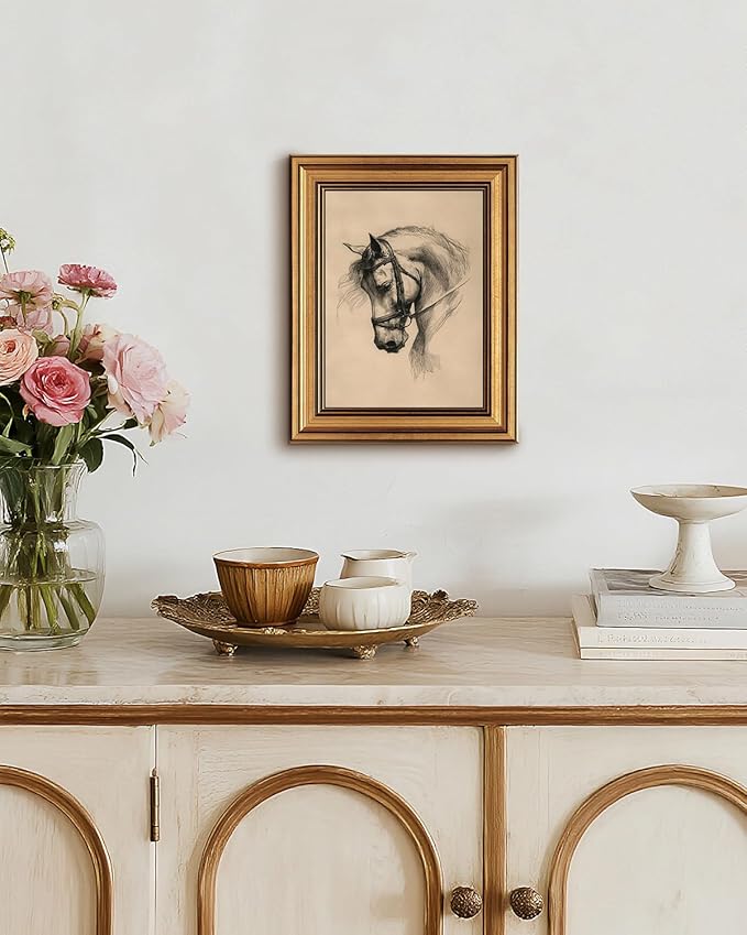 InSimSea Gold Framed Canvas Wall Art, Vintage Wall Decor for Living Room, Sketch Horse Animal Paintings Farmhouse Decor Aesthetic, Small Minimalist Prints for Bedroom Shelf Gift, 8x10inch