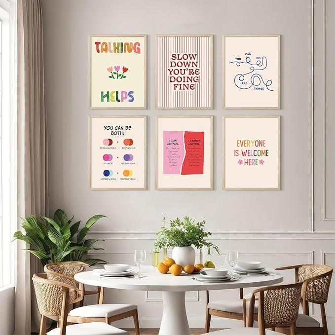 Mental Health Office Wall Decor Therapy Wall Art Mental Health Canvas Posters Motivational Inspirational Quotes Pictures Boho Positive Artwork for Counseling Office Classroom 8x10 Inch Framed 6Pcs