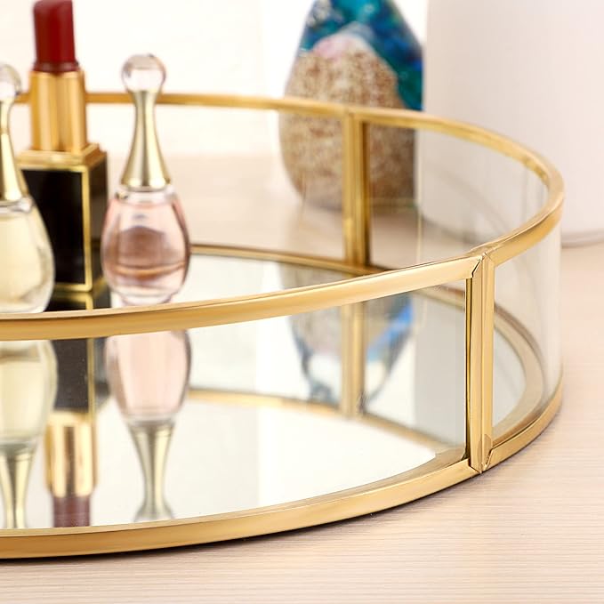 ELLDOO Gold Round Glass Decorative Tray, 9.9inch Metal Mirrored Jewelry Tray, Makeup Perfume Organizer for Bathroom Sink Vanity Dresser
