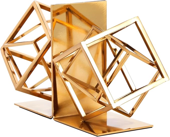 Juvale Gold Bookends - Heavy-Duty Metal Book Ends for Bookshelf Decor - Geometric Square Style for Decorative Books Display for Coffee Table & End Table Decor - 5 x 6 x 3 in, Pack of 2