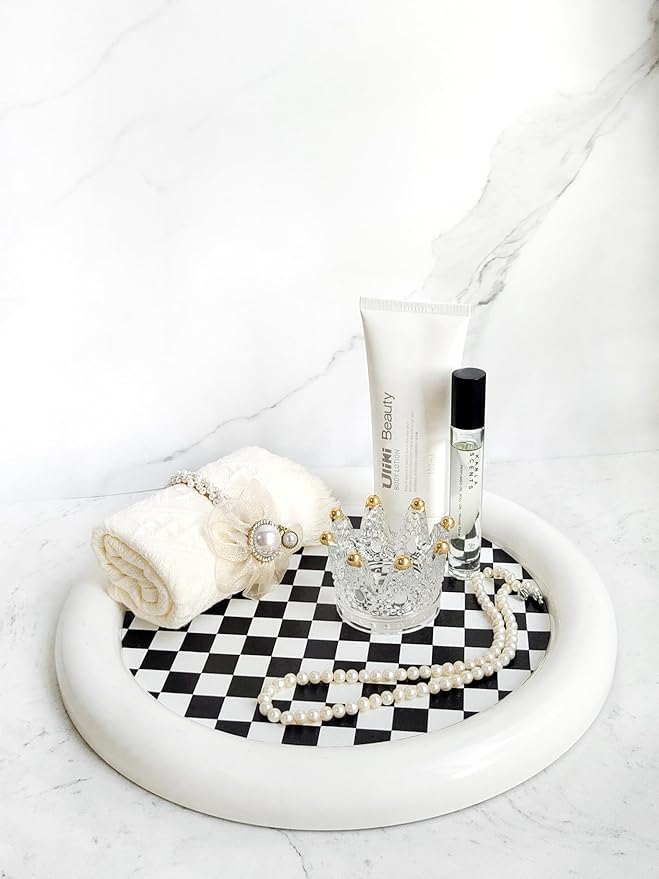 Ciandid Checkered Decorative Tray, Checkerboard Jewelry Tray Dresser Tray for Makeup Perfume Organizer, Aromatherapy Reed Diffuser Tray Vanity Tray for Bathroom(White)