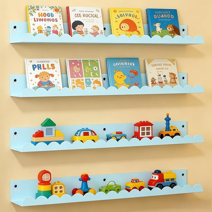 24 Inch Nursery Book Shelves Set of 4, Blue Metal Floating Shelves for Wall, Scalloped Cloud Book Shelf for Kids Room, Bathroom, Bedroom, Playroom Wall Decor & Storage