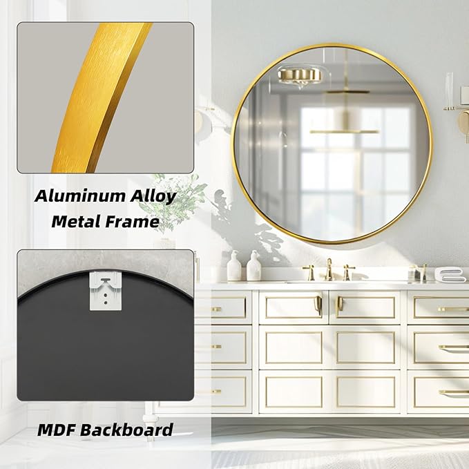 Gold Round Mirror, 24 Inch Gold Circle Mirror, Metal Frame Round Wall Mounted Mirrors for Bathroom, Living Room, Bedroom, Entryway, Vanity, Golden, Brass