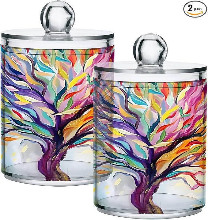 2 Pack Qtip Holder Dispenser for Cotton Ball Rainbow Life Of Tree Plant Swab Round Pads Clear Plastic Acrylic Jar Set Bathroom Canister