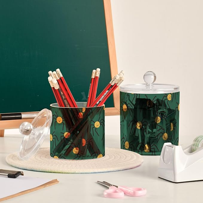 Happy Halloween Spider Green Clear Plastic Makeup Organizer Storage with lid Dresser Essentials Decorative Dental floss storage jar for Cotton Swabs,Cotton Pads,Floss Picks,Paper Clips,Hair