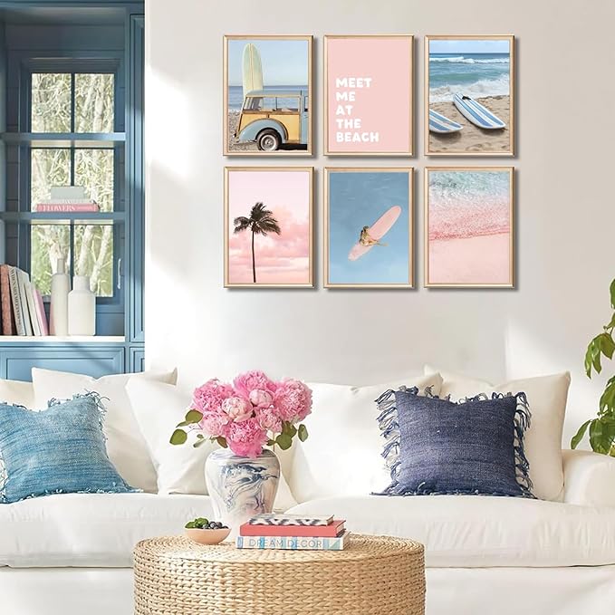 6Pcs Pastel Beach Wall Art Prints Pink Blue Coastal Granddaughter Wall Decor Pictures Summer Beachy Palm Trees Aesthetic Posters for Girly Bedroom Dorm Apartment Home Decoration Unframed 12x16in