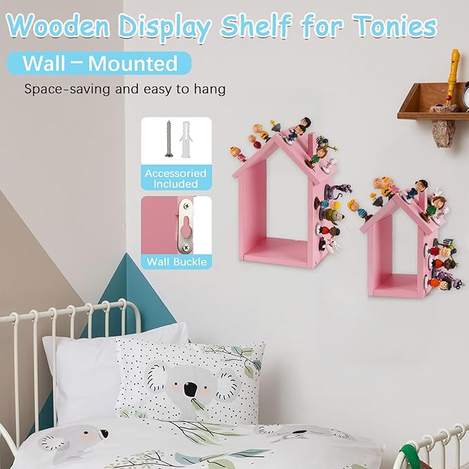 for Tonies Shelf Magnetic - for Tonies Figure Organizer Kids Room, Wooden Display Shelf for Tonies Box Holder, Wall Floating Shelves Toy Storage, House Shape Set of 2 with 38Pcs Metal Plate (Pink)