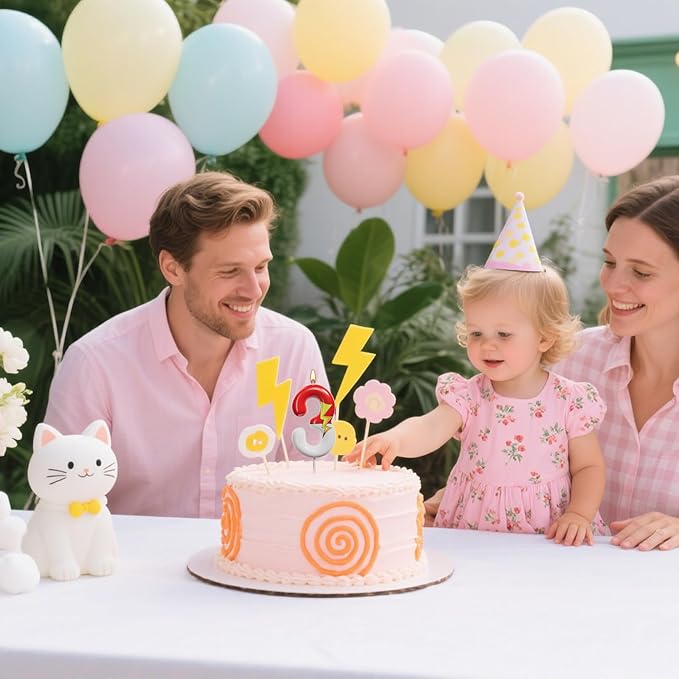 Red and White Birthday Number Candle Cartoon Style Cake Topper for Kids, Cute Decorative Numeral for Animated Theme Party & Anniversary Celebration (Pink Dot, 3)