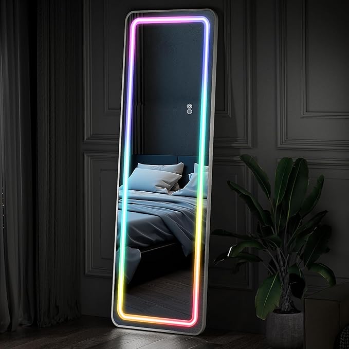 Koonmi LED Full Length Mirror, 63"x20" Full Length Lighted Mirror with Remote Control, RGB Color Changing Lights, 7 Dynamic Modes, Dimmable Brightness