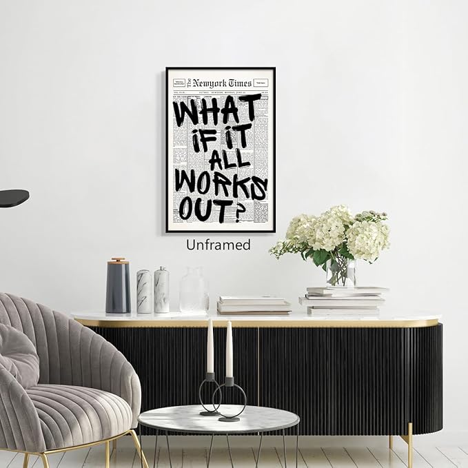 What If It All Works Out Canvas Wall Art, Black and White Newspaper Aesthetic Poster, Positive Affirmations Wall Decor, Daily Inspirational Quote Typography Print for Bedroom 8x12in Framed