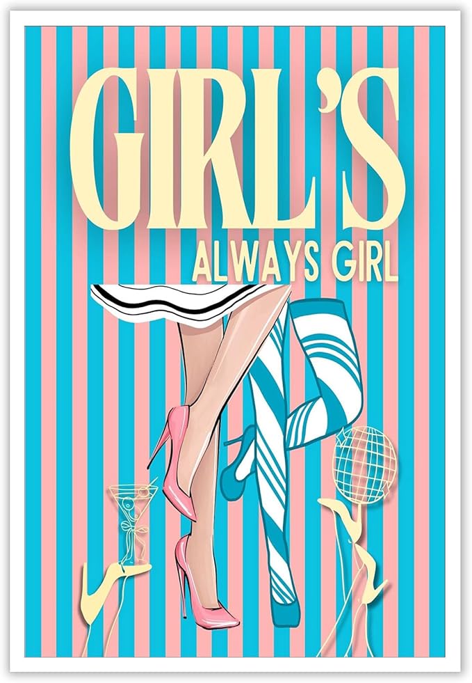 Trendy Always Girls High Heels Poster Funny Cocktail Disco Ball Canvas Wall Art Preppy Blue And Pink Stripes Feminine Girly Prints Painting For Living Room Bedroom Wall Decor 12x16in Unframed