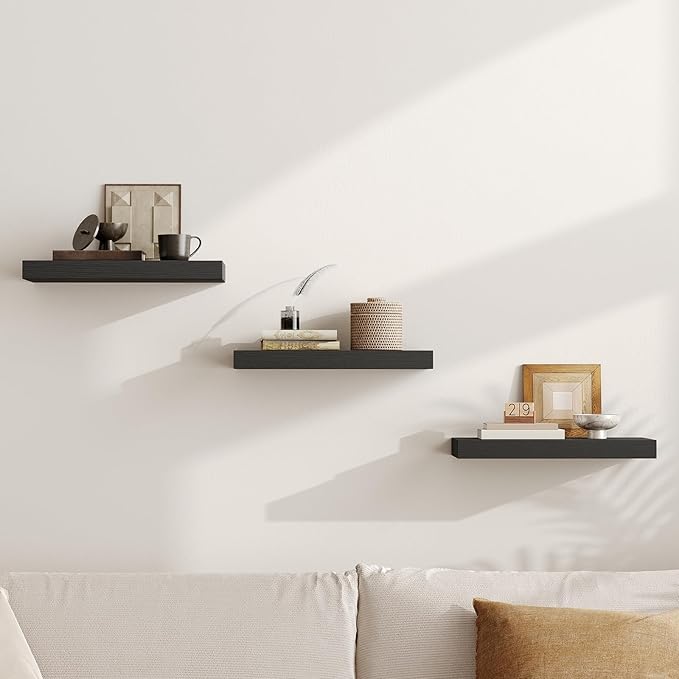 RALGEND Floating Shelves for Wall, 1.5" Thick Wall Shelf Set of 3 with Invisible Brackets, 15.7L x 7.9W Hanging Book Shelves Farmhouse Home Decor for Bathroom, Living Room, Bedroom, Black 4301BJP3BK