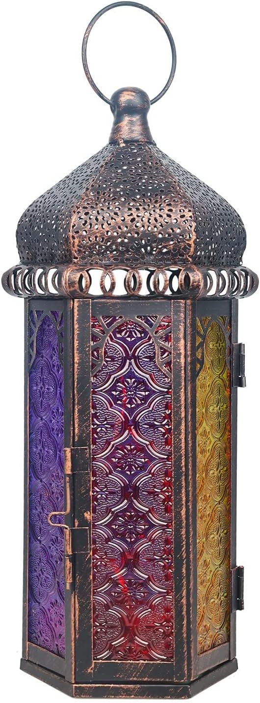 DECORKEY Ramadan Decorations, Vintage Candle Lantern Decorative Indoor&Outdoor, 14.7'' Moroccan Hanging&Tabletop Lantern with 6 Colors Glass, Metal Decor for Home Front Porch Patio Decor