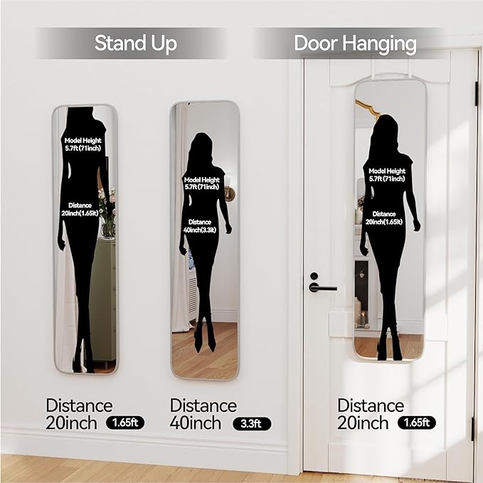 SCWF-GZ 47x14 Mirror Full Body Length Door Hanging/Rope Hang/Wall Mounted Metal Frame Rectangle Mirrors for Bedroom Bathroom Dressing Living Room 47 inch Silver