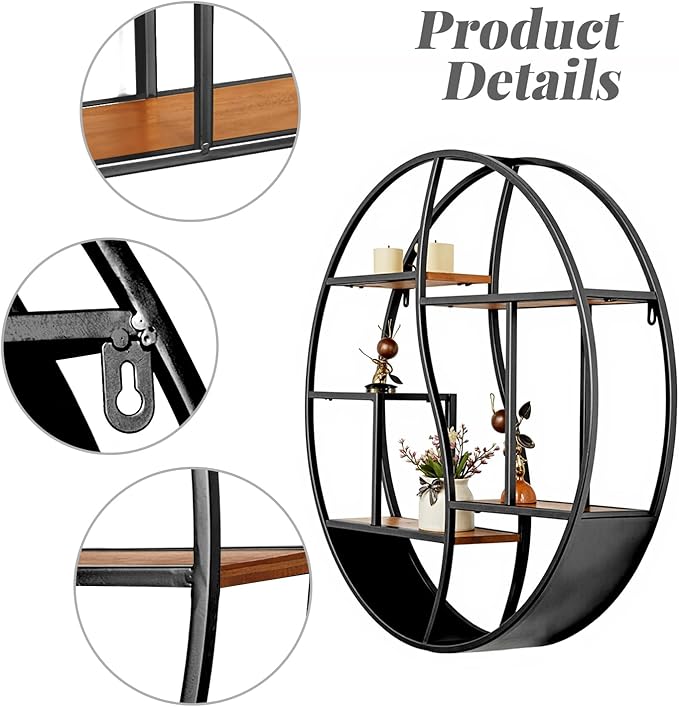 Round Wall Shelf,24 inch Metal Circle Shelf Wood Floating Shelves,Rustic Black Wall Mounted Display Organizer Shelf for Fireplace,Living Room,Bathroom