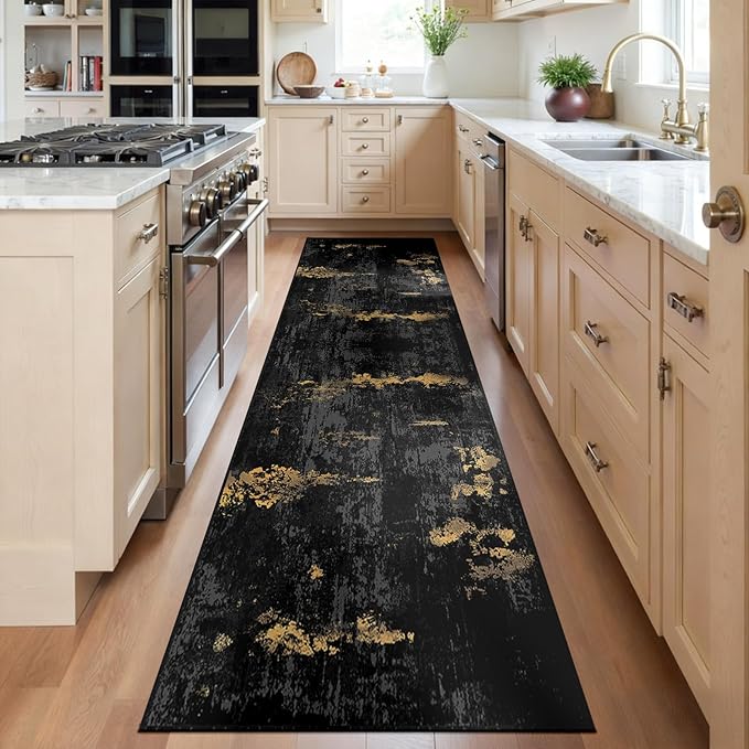 RELEANY Washable Area Rugs 2'x6' Non-Slip Modern Abstract Soft for Living Room Entryway Bedroom Nursery, Print Pattern, Dark Black Gold