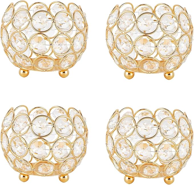 VINCIGANT Gold Crystal Votive Candle Holders for Table Tenterpiece,Small Bowl/Ball Tealight Candle Lantern for Thanksgiving Wedding Table Decoration, (4pcs)