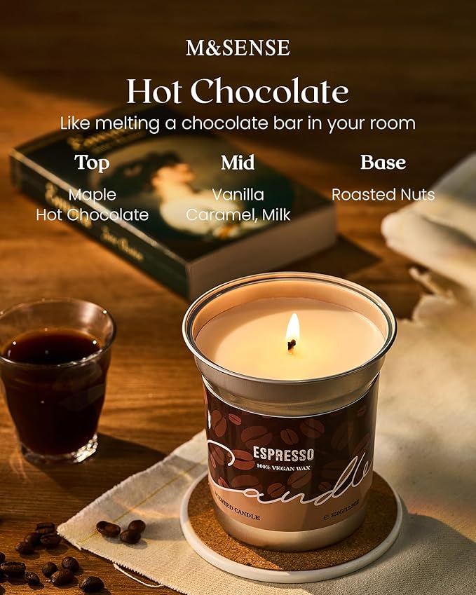 M&SENSE Hot Chocolate Scented Candles, Soy Wax 12.3oz 75 Hours Long Lasting Clean Burn, Organic Cocoa Candles Non Toxic, Fall Seasonal Candle for Home, Winter Holiday Aromatherapy Gifts for Women