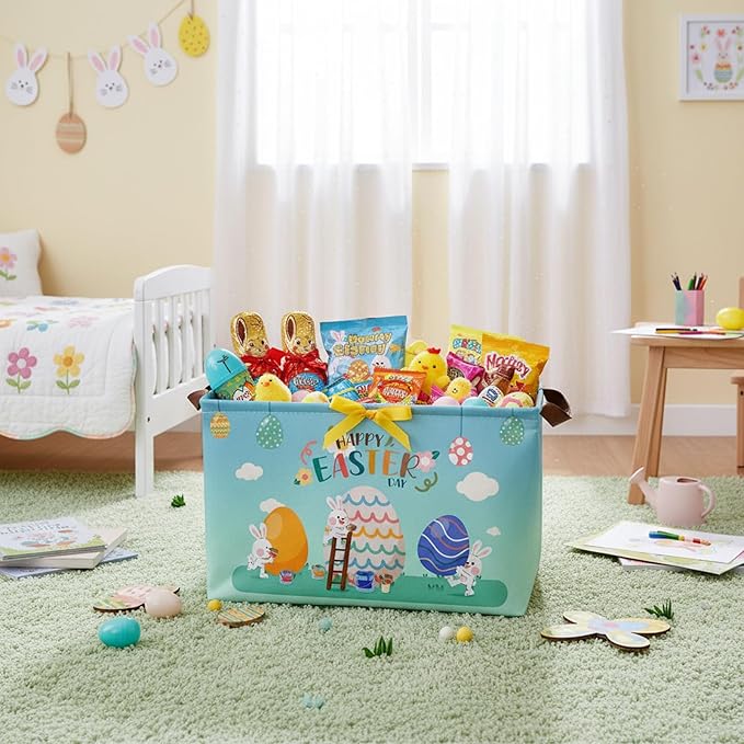 Large Rectangular Cute Kid Easter Basket Empty Bunny Eggs Easter Basket Gift Spring Room Storage Organizer Décor (E-10)
