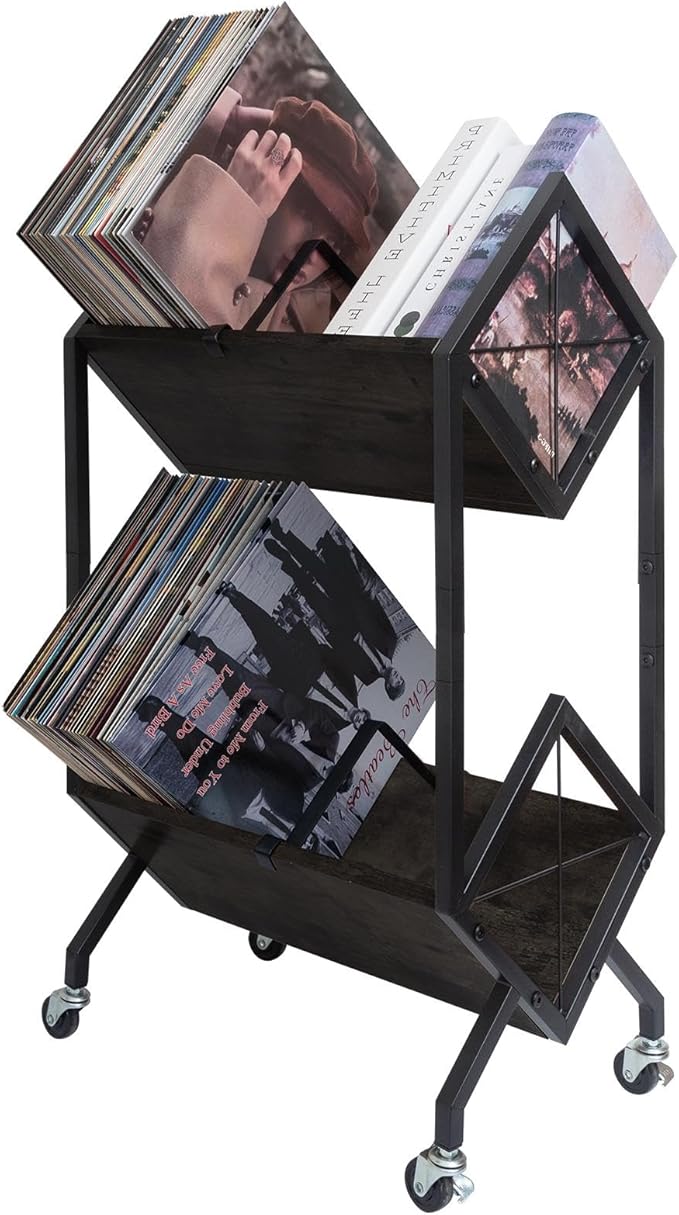 SwaaVee Vinyl Record Storage Holder with Wheels, 2-Tier Record Holder 160-200 LP with Dividers, Retro Style Quick Assembly Vinyl Record Display for Albums, Magazine, Book, Files (2 Tier- Black)