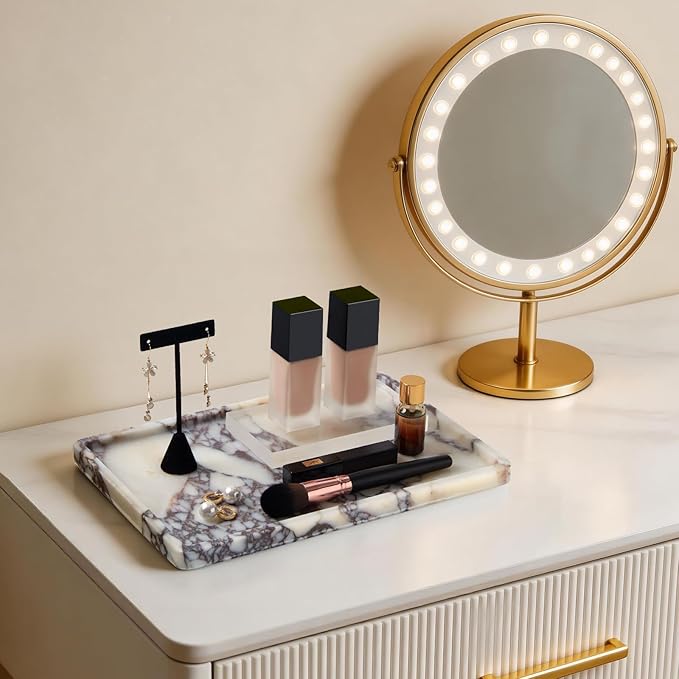 Luxury Natural Rectangle Marble Tray – 11.8 x 7.8-Inch Calacatta Viola Stone Vanity Tray, Large Catchall Organizer for Jewelry Perfume Keys, Decorative Tray for Bathroom Coffee Table & Dresser