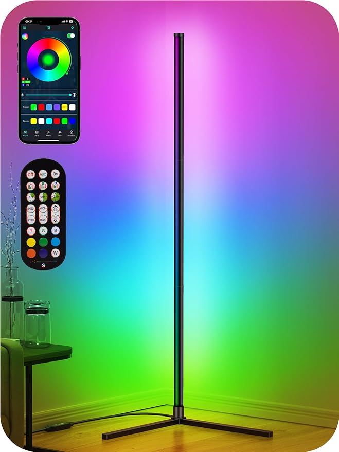 RIYO LED Corner Floor Lamp, RGB Color Changing Standing Lamp with App and Remote Control, 16 Million Colors & 68+ Scene Music Sync Ambient Lighting for Living Room, Bedroom, Gaming Room Decor