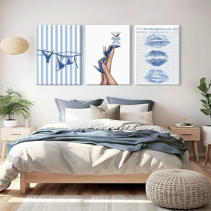 Blue Coquette Wall Art Decor Preppy Trendy Aesthetic Posters Funky Retro Y2k Canvas Wall Art Decor Blue Bow Bikini Lips Prints Girly Room Artwork for Dorm Bedroom 12x16 Inch Wrapped Canvas Set of 3