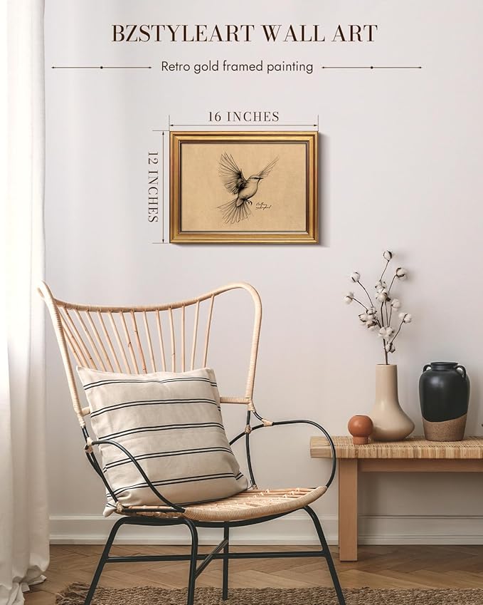 Bzstyleart Vintage Wall Art Decor, Gold Framed Wall Art Decor Vintage Birds Prints Texas State Bird Home Decor Aesthetic, Sketch Painting Picture Bird Artwork for Living Room, 12L x 16W