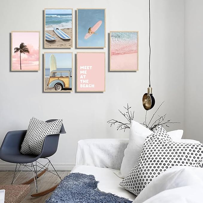 6Pcs Pastel Beach Wall Art Prints Pink Blue Coastal Granddaughter Wall Decor Pictures Summer Beachy Palm Trees Aesthetic Posters for Girly Bedroom Dorm Apartment Home Decoration Unframed 12x16in