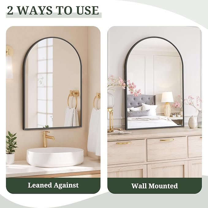 Arched Wall Mirror 38x26 Inch Black Bathroom Vanity Mirror with Metal Frame, Modern Arch Mirror for Bedroom, Living Room, Entryway, Wall Mounted Decorative Mirror
