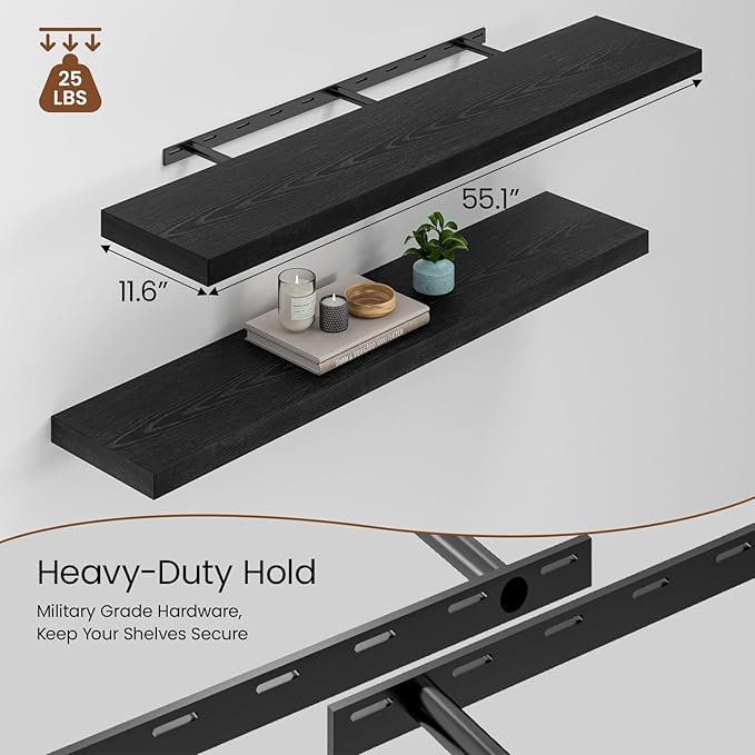 Heimlove 12inch Deep Floating Shelves for Wall, Mounted Shelves 48" W x 12" D x 1.5" H, wall Shelf for Bedroom Living Room Bathroom Kitchen Home Office, Set of 1, Black