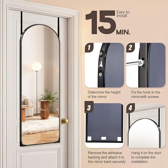 48"x14" Door Mirror, Arched Full Length Mirror, Over the Door Mirrors Full Length, Hanging Mirrors for Bedroom, Bathroom, Black