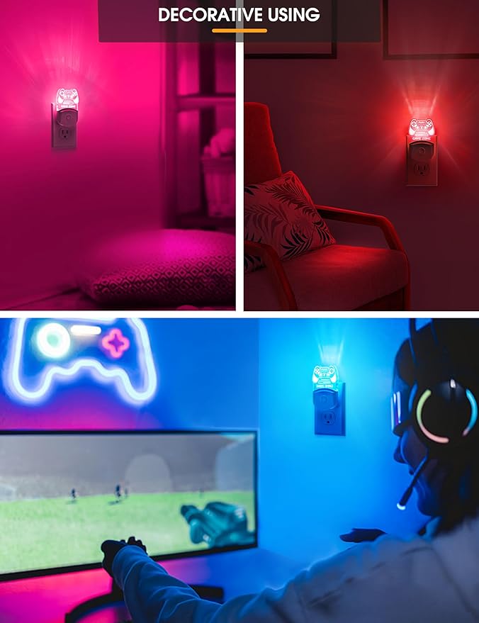 L LOHAS LED Game Sign Gamepad Shape Night Light, Plug in Night Light with Multi Color Personalized, Dusk to Dawn Sensor, Ideal for Boys, Game's Room Decor, Bedroom[2 Pack]