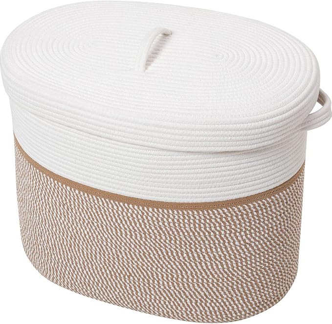 22"x14"x18" Rectangular Extra Large Storage Basket With Lid, Large Cotton Rope Storage Basket, Woven Laundry Hamper, Cloth Storage Bin, for Clothes Towels Blankets in Living Room, White/Camel Mix