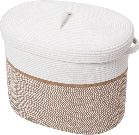 22"x14"x18" Rectangular Extra Large Storage Basket With Lid, Large Cotton Rope Storage Basket, Woven Laundry Hamper, Cloth Storage Bin, for Clothes Towels Blankets in Living Room, White/Camel Mix