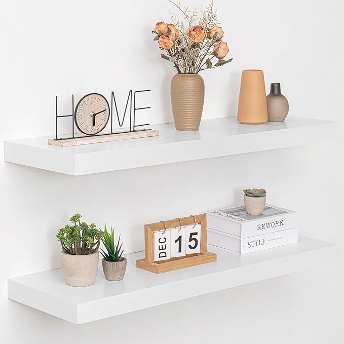 Acovy 36 Inch Floating Shelves, 12" Deep Floating Shelf Wall Mounted, 36" Wall Shelves, Rustic Deep Bookshelf, Extra Deeper & Thicker Display Shelves for Bedroom, Living Room, White, Set of 2