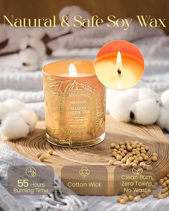 M&SENSE Mango Green Tea Scented Candle, Soy Wax Candle Non-Toxic Clean Burn, Fresh Clean Fruit Aroma, 55 Hours Long Burning 10.3oz, Home Fragrance Home Decor Gifts for Women