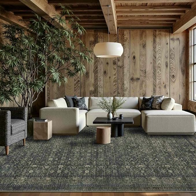 9x12 Washable Area Rug for Living Room, Extra Large,Green Vintage Floral Boho Rugs for Dining Room, Farmhouse, Durable Low Pile Non Slip Carpet for High Traffic Areas, Moss Brown