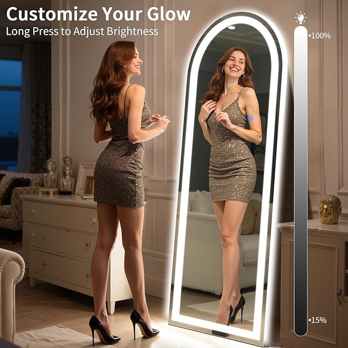 Arch Full Length Standing Mirror with LED Lights, 65"x24" Lighted Mirror with Dimming & 3 Color Lighting, Tall Mirror Full Body for Bedroom, Dressing Room