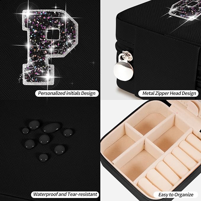 Uygafly Travel Jewelry Case - Personalized Jewelry Box for Women,Small Jewelry Organizer Cute Jewelry Organizers and Storage Aesthetic,Travel Essentials Birthday Gifts for Girls Women | Black,P
