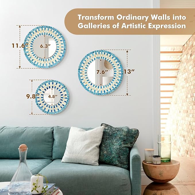 Handmade Mother of Pearl Mirror for Wall Decor, 3PCS Round Decorative Mirrors for Beach Nautical Home Hotel Coffee Shop, Natural Plate Art Hanging Sculpture for Dorm Apartment Entryway (Blue)