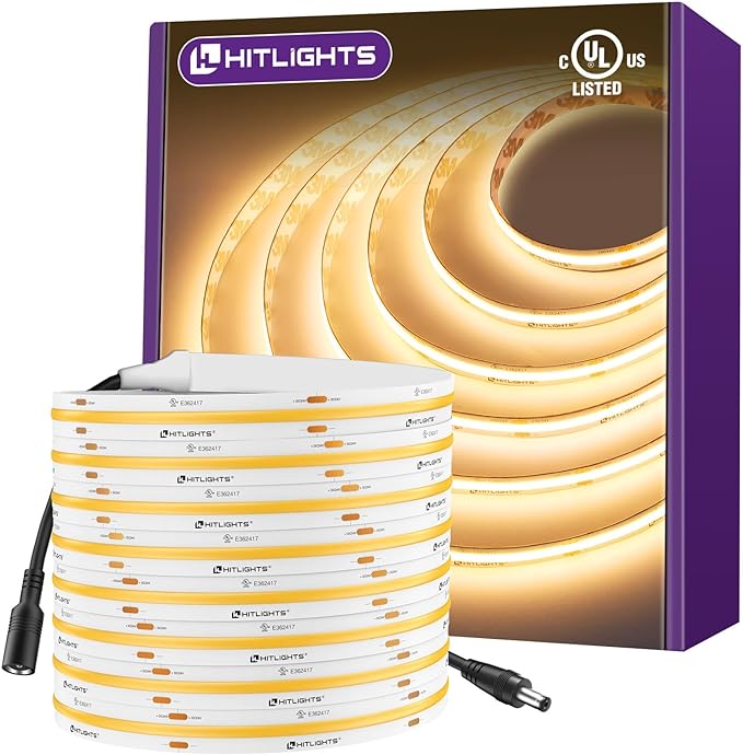 HitLights COB LED Strip Lights Warm White 3000K, 16.4ft Premium High Density 24V Tape Light, 2560 LEDs, 350+ LM/FT, CRI 90+, IP30, Lighting for Kitchen, Cabinets, UL Listed (Power Source Not Included)