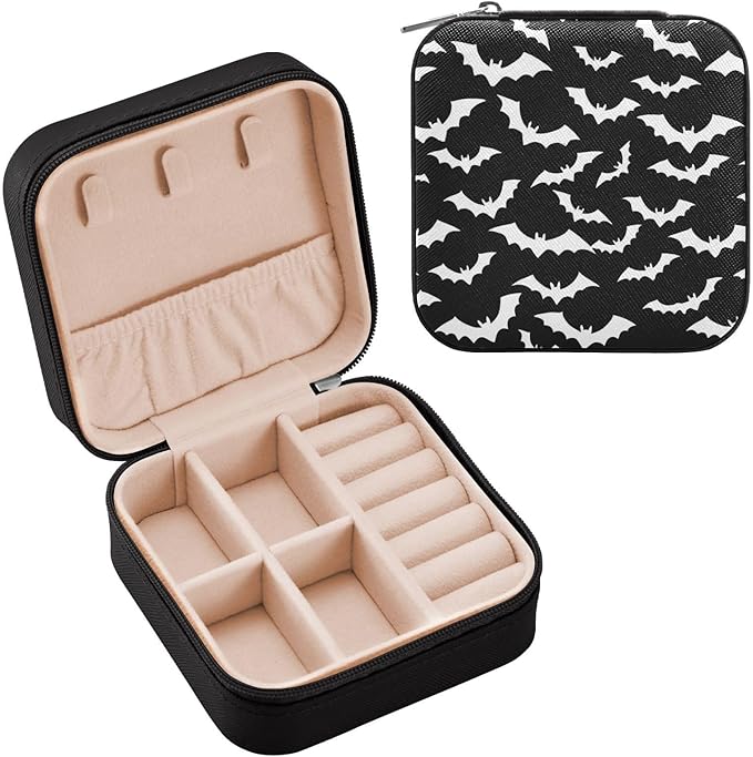 Jewelry Boxes for Women, Halloween Black Bat Small Kids Organizers Teenage Girls Christmas Gift Ages 8-12 Packaging Necklace Earrings Ring, PU Leather Velvet